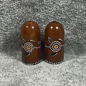 Yapa Salt and Pepper Shakers Brown Hand Painted Aboriginal Art Wood Set